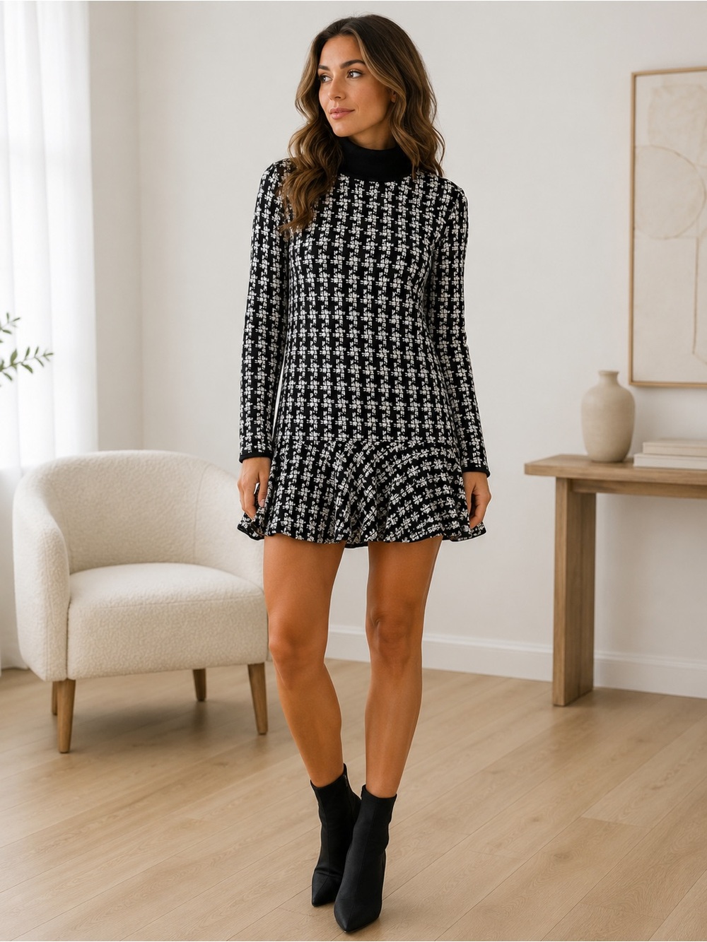 Marc Cain Black White Knit Turtleneck Dress Flounce Hem